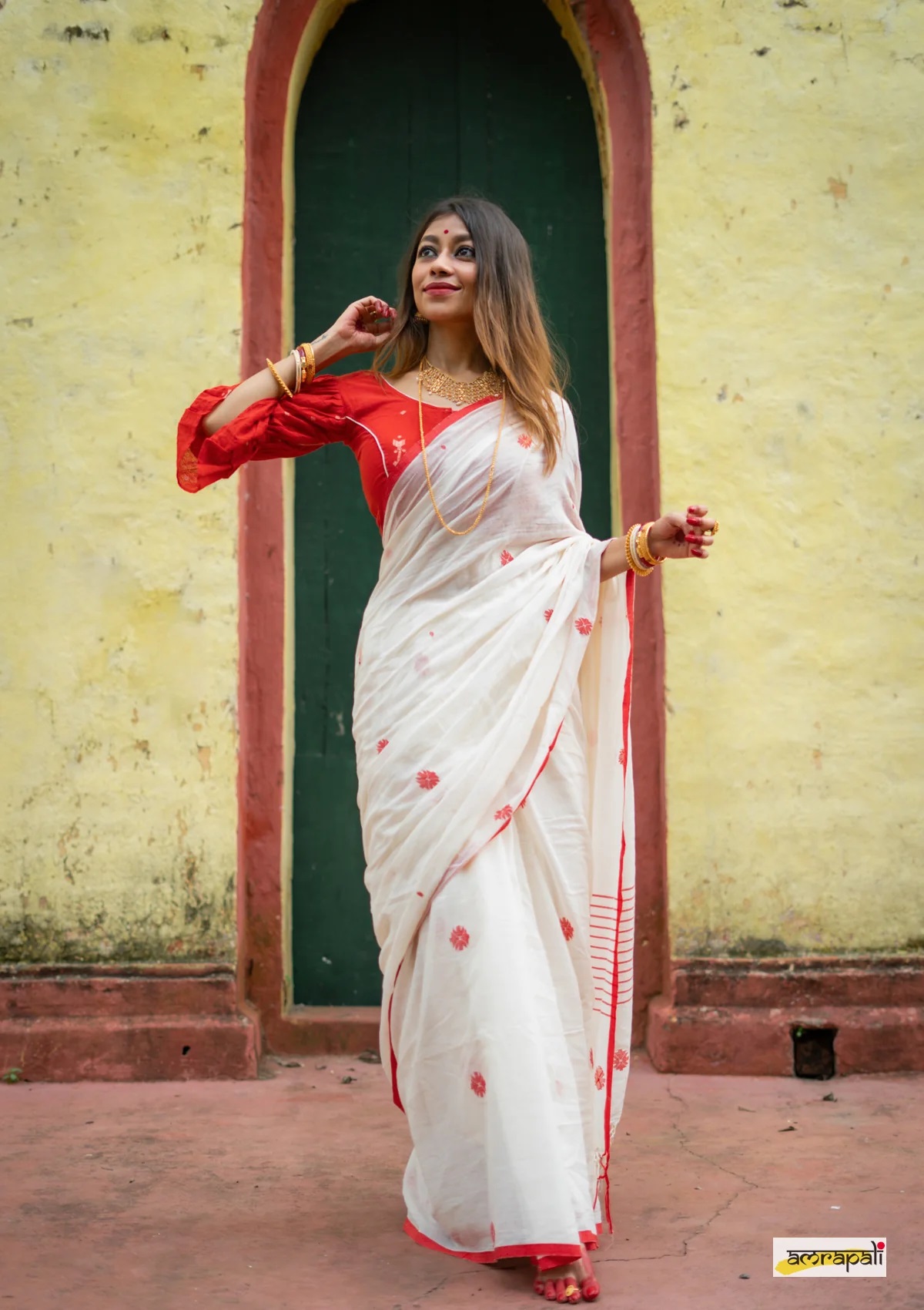 White Saree with red border