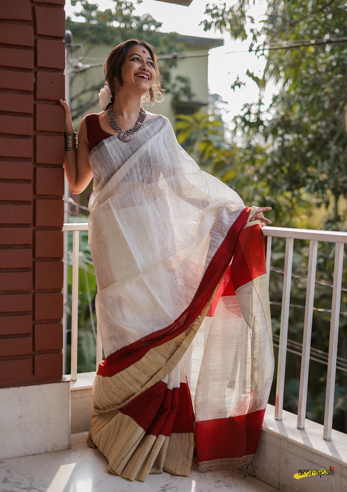 White Saree With Red Border