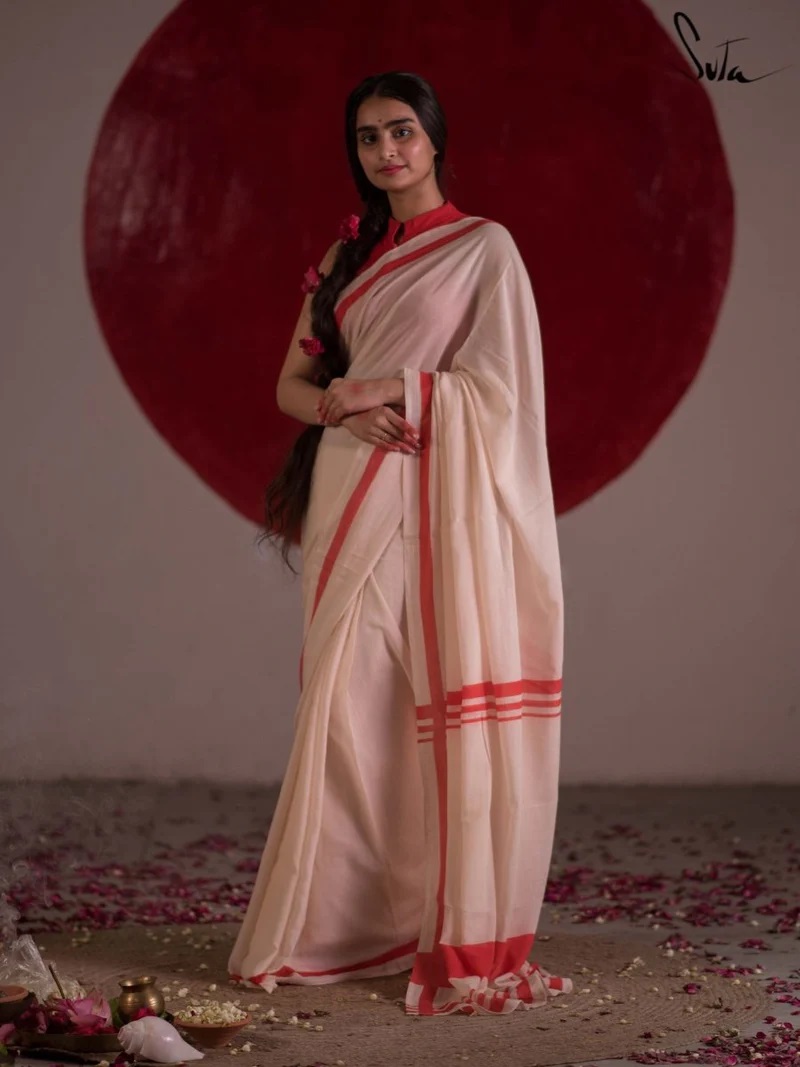 White Saree With Red Border