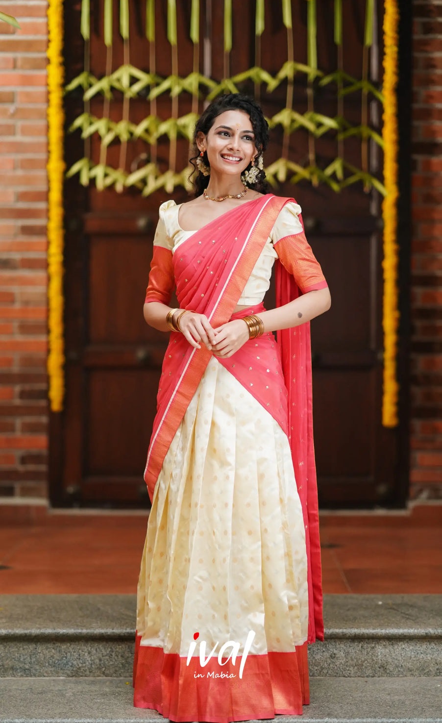 Cream And Peach Semi Silk Half Saree Langa Voni Keep Me Stylish