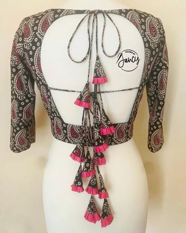 Deep Back Neck Blouse Design With Double Knot