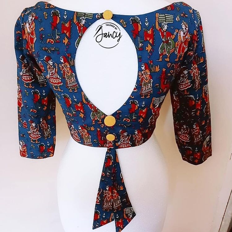 High Back Neck Blouse Design With Leaf Drop And Bow Tail