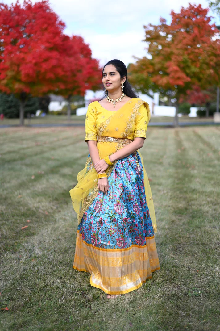 Elegant Firozi Yellow Floral Kalamkari Digital Printed Half Saree