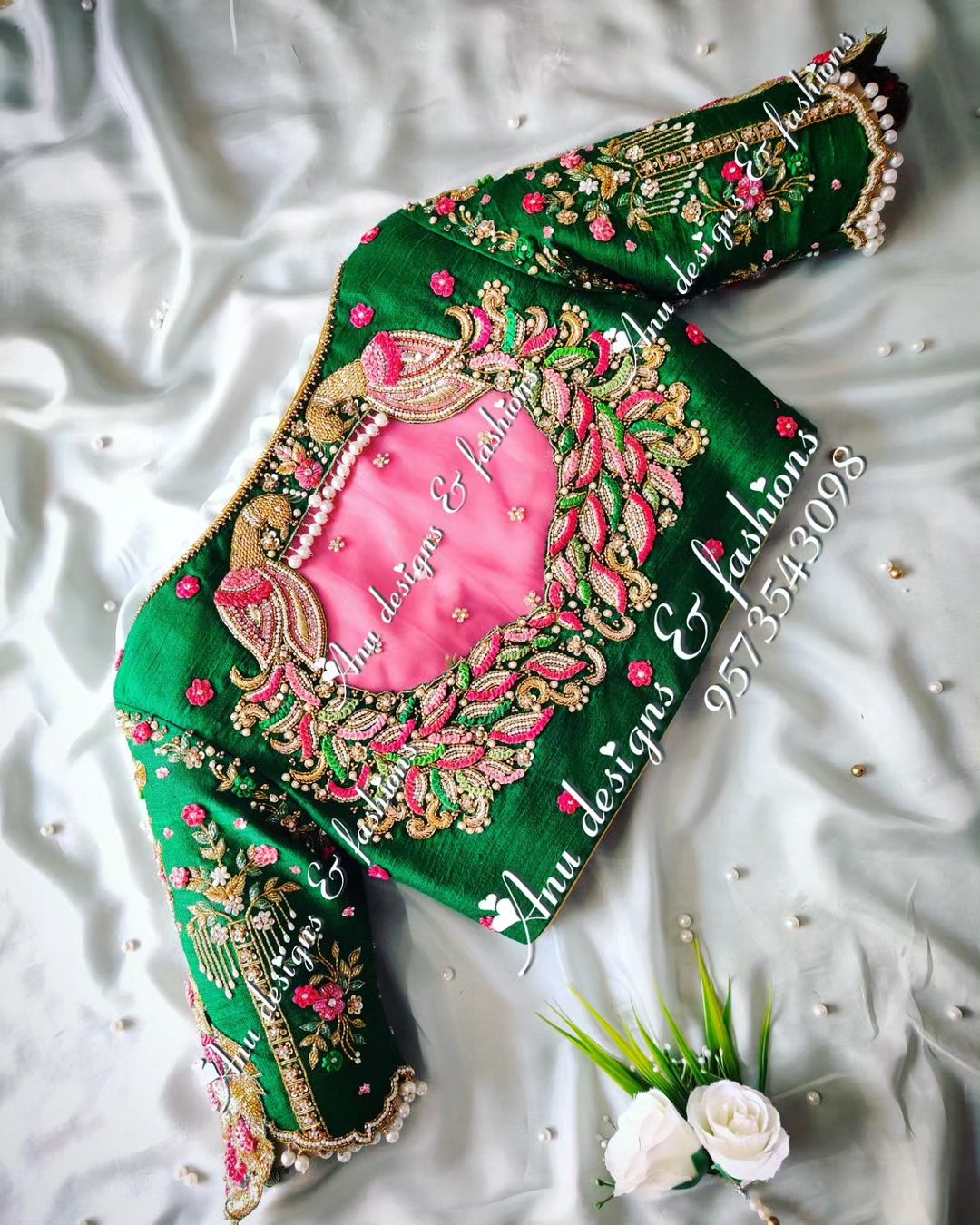 Elegant Peacock Embroidery Green Blouse