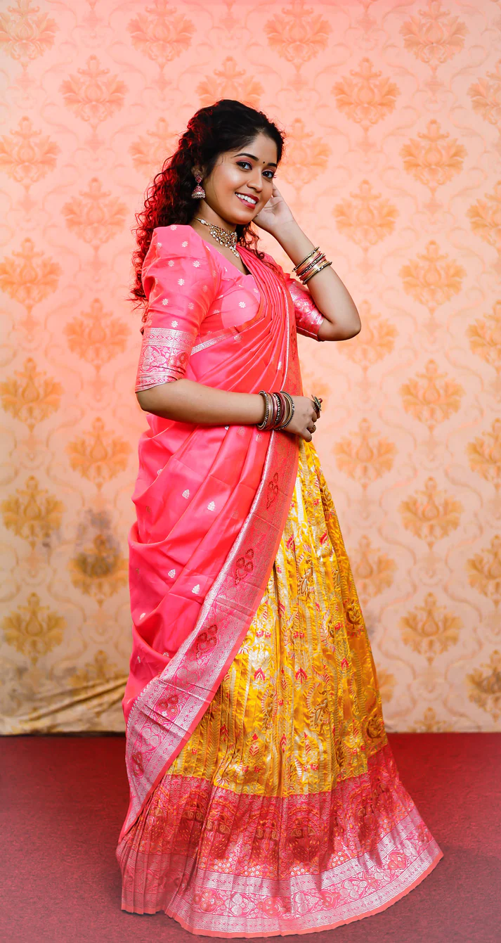 Elegant Pink and Gold Banarasi Silk Jacquard Half Saree