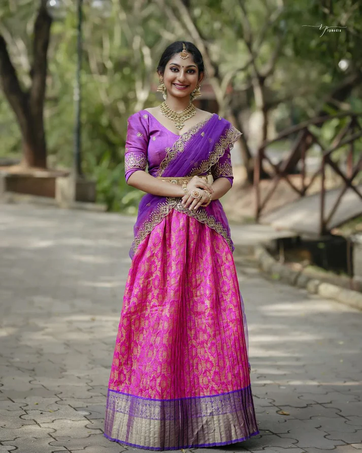 Elegant Pink and Purple Banarasi Silk Jequard Half Saree