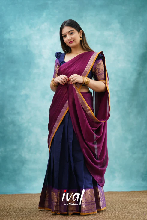 Purple And Navy Blue Colour Half Saree Design