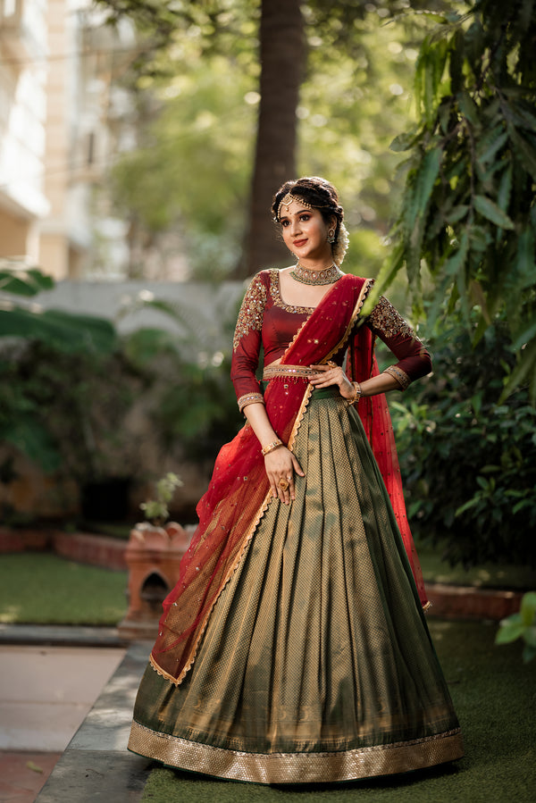 Shimmering Forest Green And Maroon Half Saree