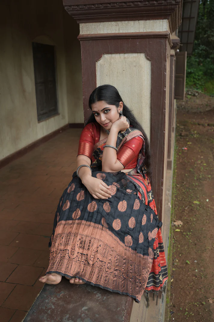 Stunning Black Banarasi Silk Jacquard Half Saree
