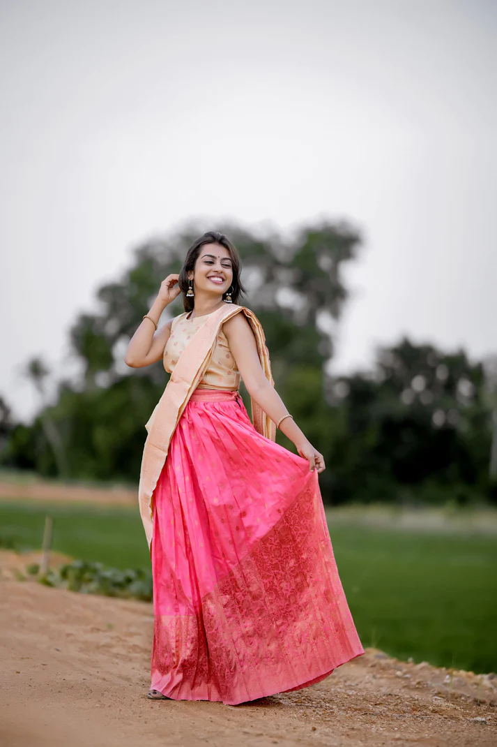 Stunning Tomato Pink Banarasi Silk Jacquard Half Saree